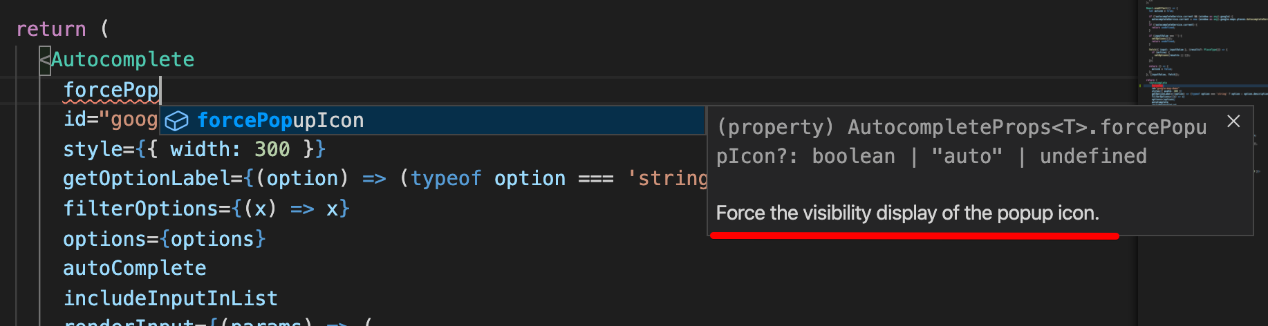 Screenshot of the added prop descriptions due to IntelliSense